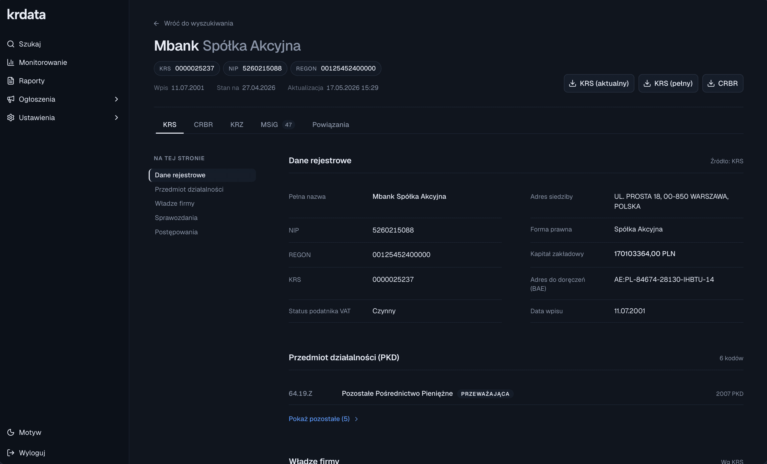 Panel KRData, karta podmiotu
